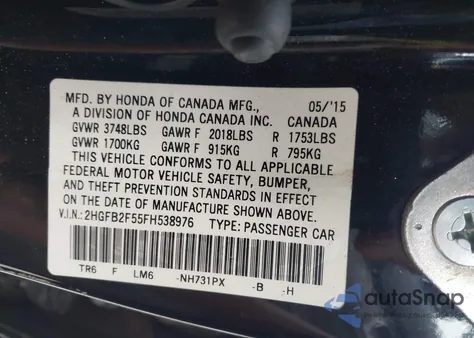2015 Honda Civic Lx z USA, uszkodzony, nr VIN 2HGFB2F55FH538976